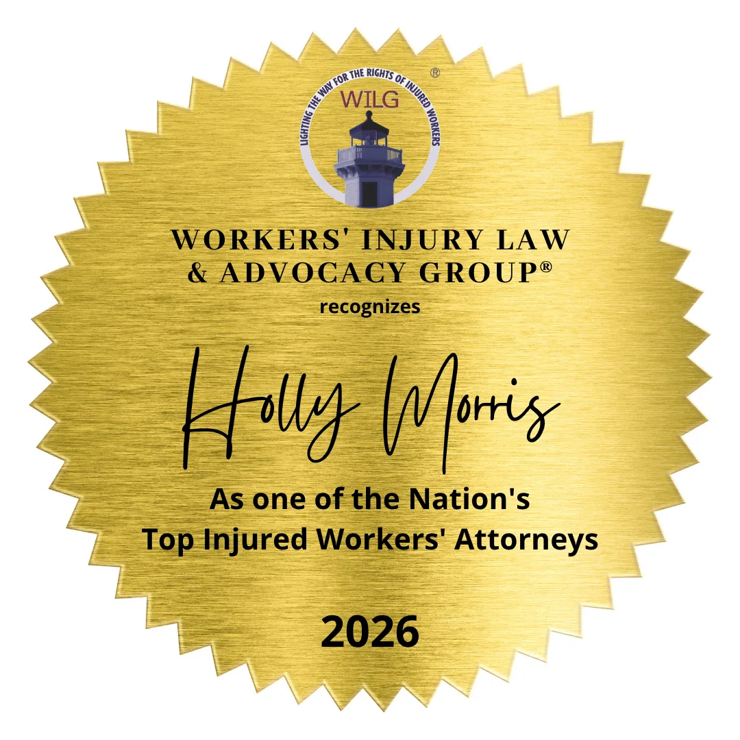 Gold seal with black text recognizing Holly Morris as a top injured workers' attorney for 2026.