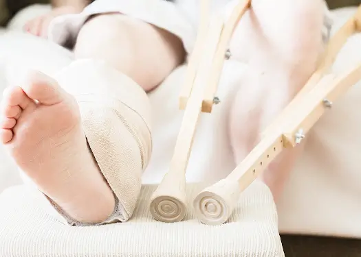 Close-up of a leg in a cast and crutches