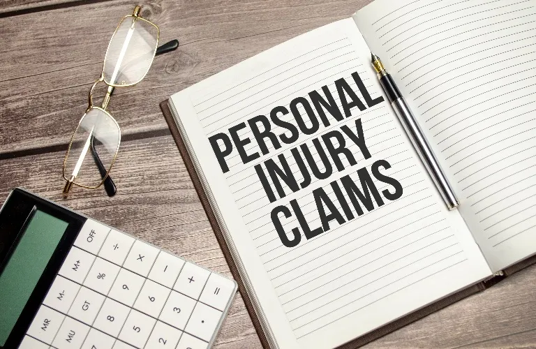 Open notebook with "PERSONAL INJURY CLAIMS" text, pen, glasses, and calculator on wooden surface.