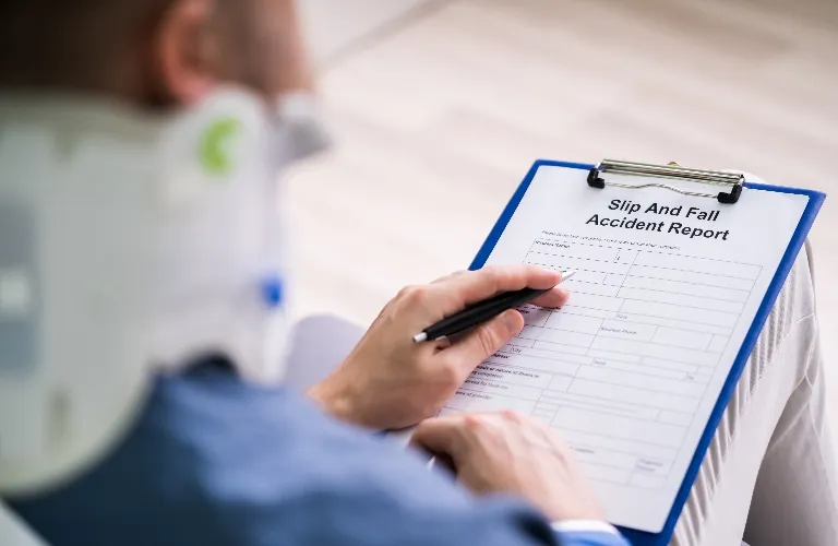 Person wearing a neck brace filling out a slip and fall accident report on a clipboard.
