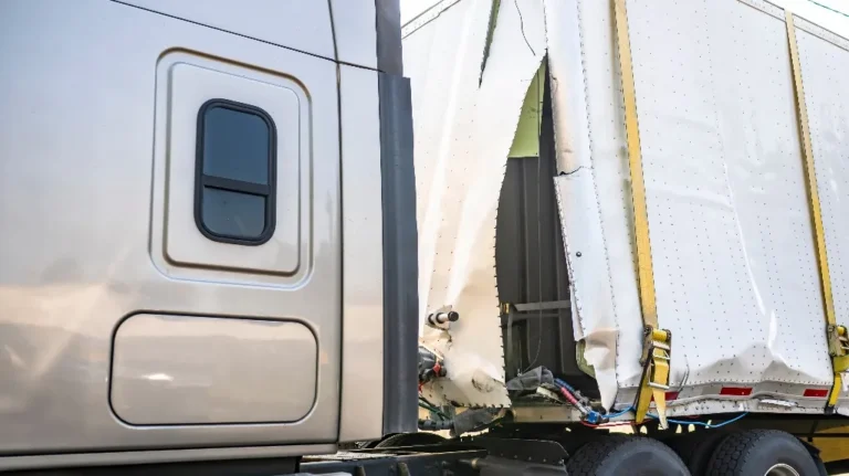 Close-up of a silver truck cab and a damaged white trailer with torn side panels and yellow straps.