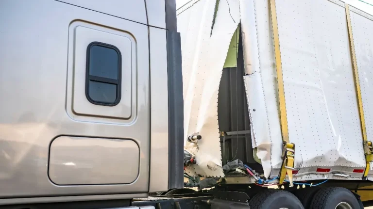 Close-up of a damaged white semi-truck trailer with torn side curtain and beige cab.
