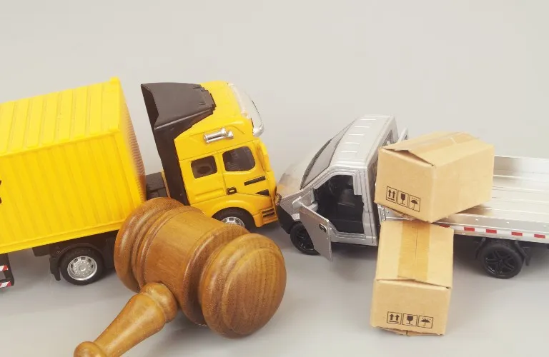 Wooden gavel, yellow toy truck, silver toy pickup truck, and two cardboard boxes on gray surface.