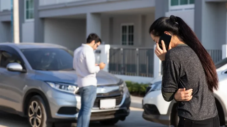 Two individuals using mobile phones near two parked cars in a residential area.