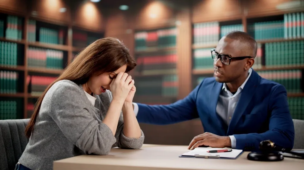 A woman in distress is consoled by a man in a blue suit in a law library.