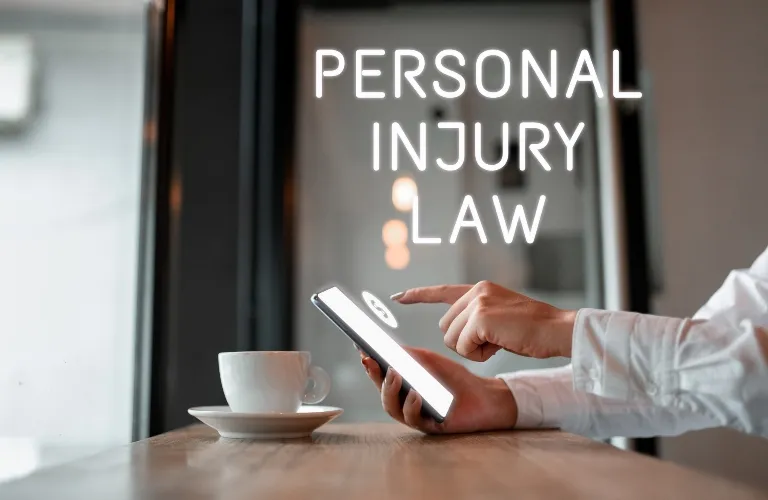 Person in white shirt using smartphone at wooden table with coffee cup, text "Personal Injury Law" overlay.